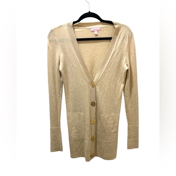 Lilly Pulitzer Heidi Gold Tan Button Up Long Sleeve V Neck Cardigan - Picture 2 of 4